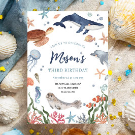 Convite Sob o Mar Animais do Oceano Náutico Menino