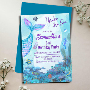 Convite Sob o mar, aniversário de 3 anos azul-sereia e rox