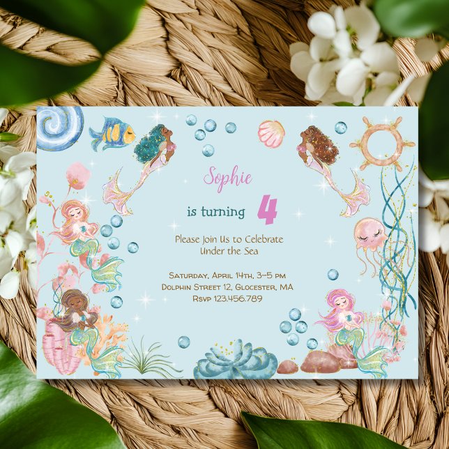 Convite Sob o mar aniversário de criança de Sereias (Criador carregado)