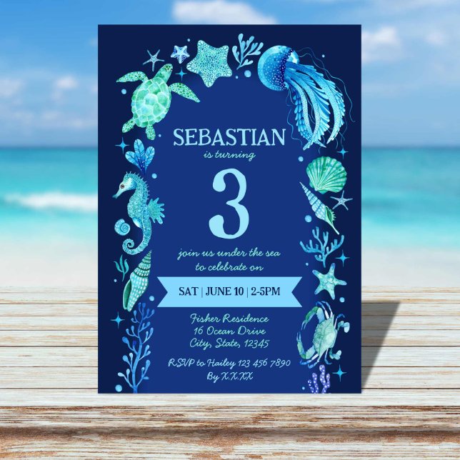 Convite Sob O Mar Aquarela Animais Do Oceano Marinho Azul (Under The Sea Watercolor Ocean Animals Navy Blue Invitation)