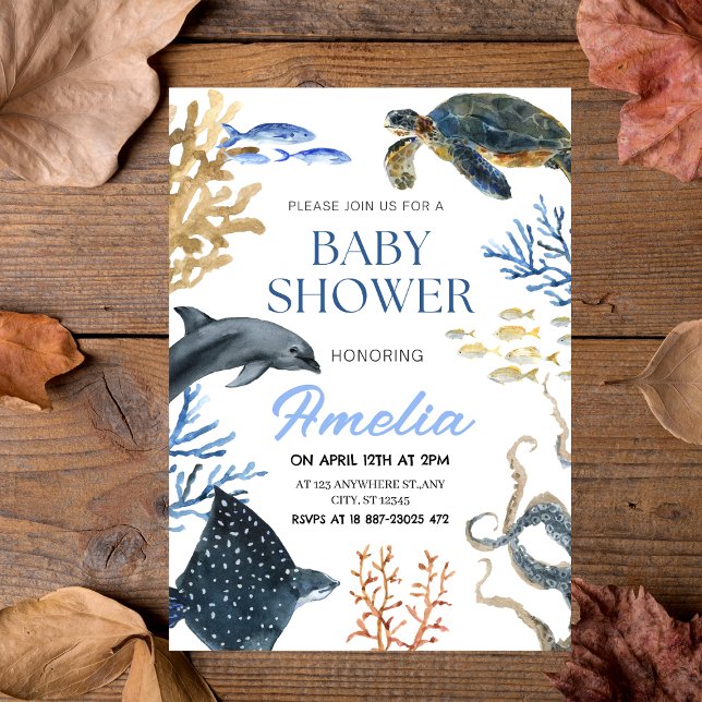 Convite "Sob o mar" Aquarela Oceano Chá de fraldas de vida ("Under the Sea" Watercolor Ocean Life Baby Shower Invitation)