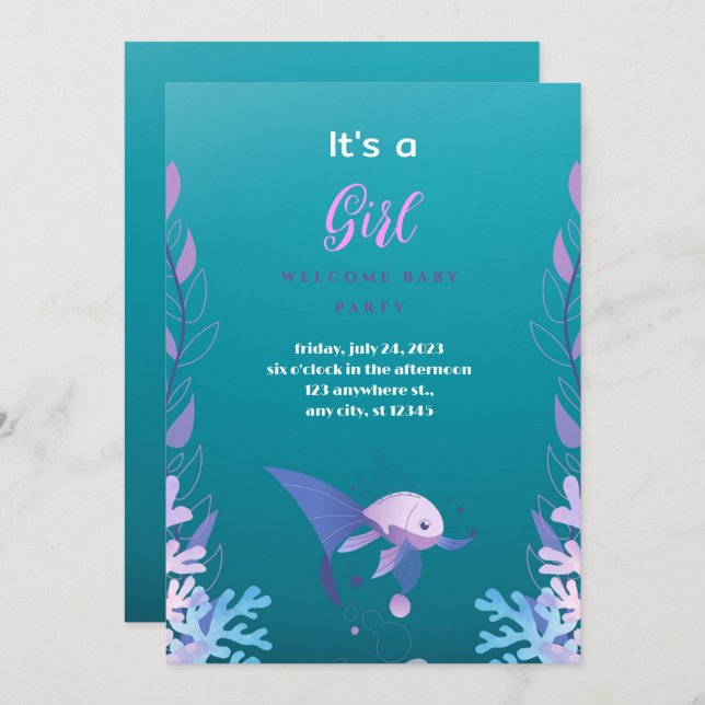 Convite Sob o Mar Azul É uma Chá de fraldas de Garota Inv (Frente/Verso)