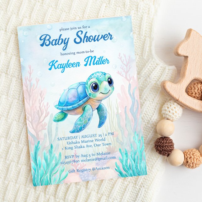 Convite Sob o mar, chá de fraldas azul aqua da tartaruga a (Under the sea cute turtle aqua blue baby shower invitation editable template instant download)