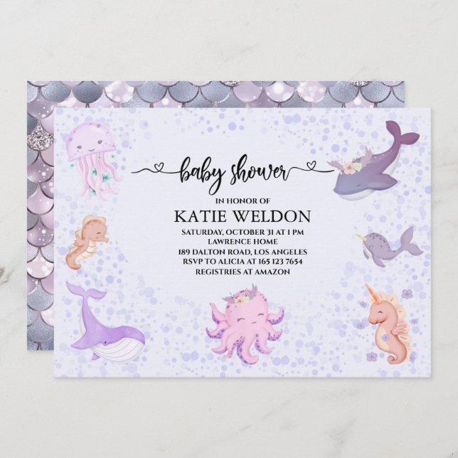 Convite Sob o mar Chá de fraldas de bebês (Frente/Verso)