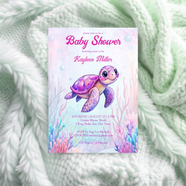 Convite Sob o mar, chá de fraldas rosa púrpura da tartarug (Under the sea cute sea turtle purple pink baby shower invitation template instant download)