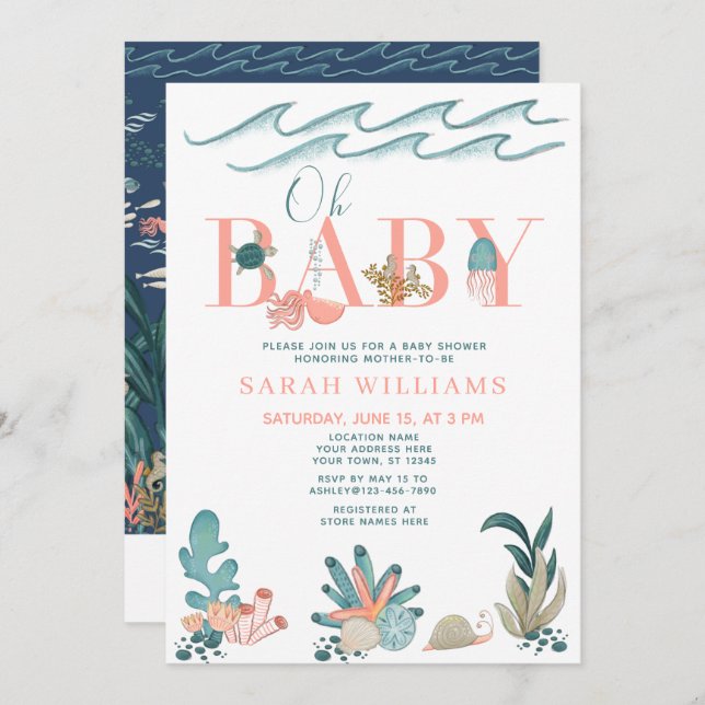 Convite Sob o mar Código QR Aquarela Chá de fraldas Oh (Frente/Verso)