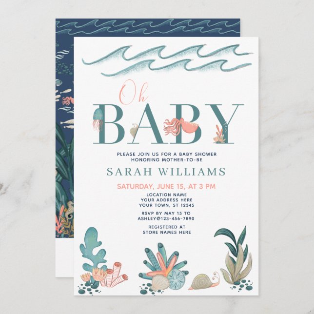 Convite Sob o mar Código QR Aquarela Chá de fraldas Oh (Frente/Verso)