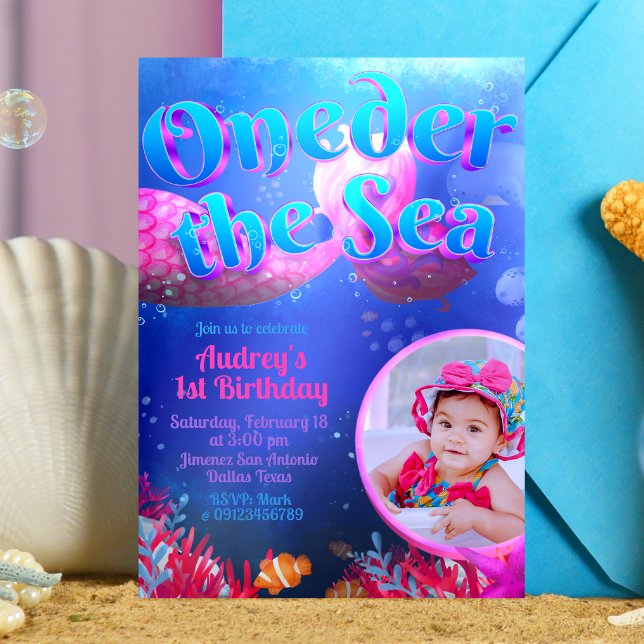 Convite Sob o Mar com Foto (Oneder the Sea - Girl Mermaid 1st Birthday Invitation with Picture)
