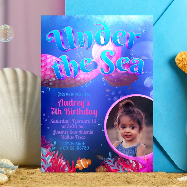 Convite Sob o Mar com Foto (Under the Sea - Mermaid Girl  Invitation with Photo)