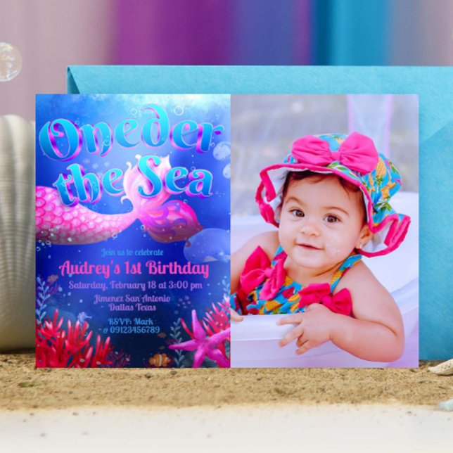 Convite Sob o Mar com Paisagem de Foto (Oneder the Sea - Girl Mermaid 1st Birthday Landscape Invitation with Picture)