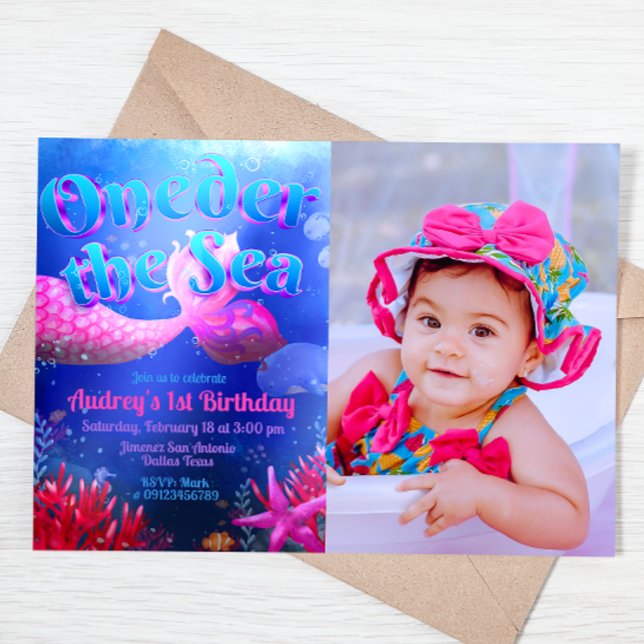 Convite Sob o Mar com Paisagem de Foto (Oneder the Sea - Girl Mermaid 1st Birthday Landscape Invitation with Picture)