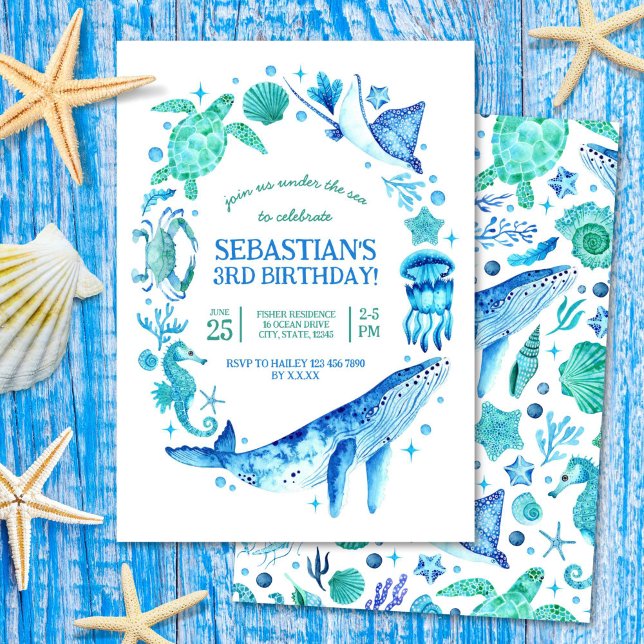 Convite Sob o Mar de Aquarelas do Mar Azul (Under the Sea Watercolor Sea Creatures Blue Invitation)