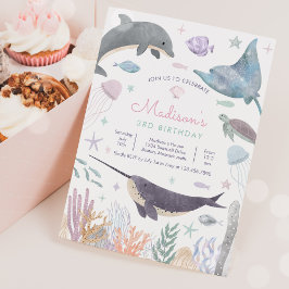 Convite Sob o Mar de Golfinho Narwhal Sea Life Aniversário