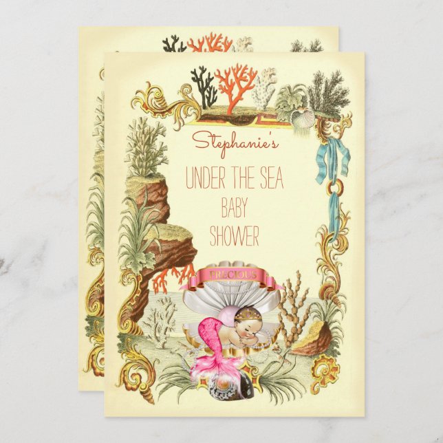 Convite Sob o Mar de Mermaid Princess Chá de fraldas (Frente/Verso)