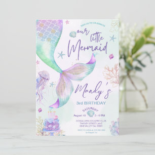 Convite Sob o Mar de Roxo Teal Pequena Sereia Aniversário