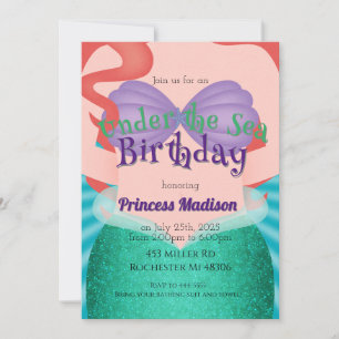 Convite Sob o Mar de Sereia Princesa Aniversário