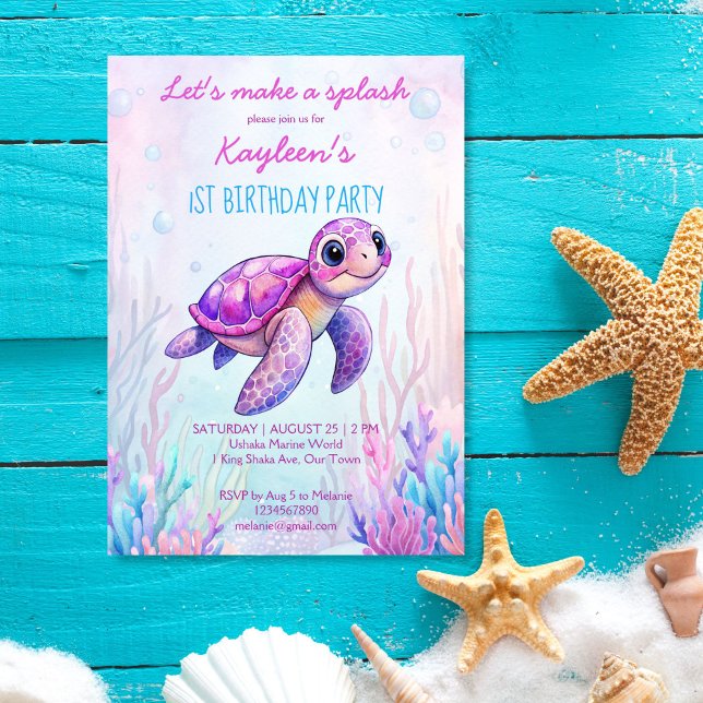Convite Sob o mar, doce tartaruga rosa, aniversário roxo (Under the sea cute turtle pink purple girls first birthday party invitation template download)