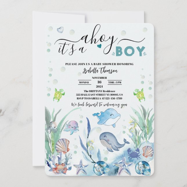 Convite sob o mar é um chá de fraldas-menino (Frente)