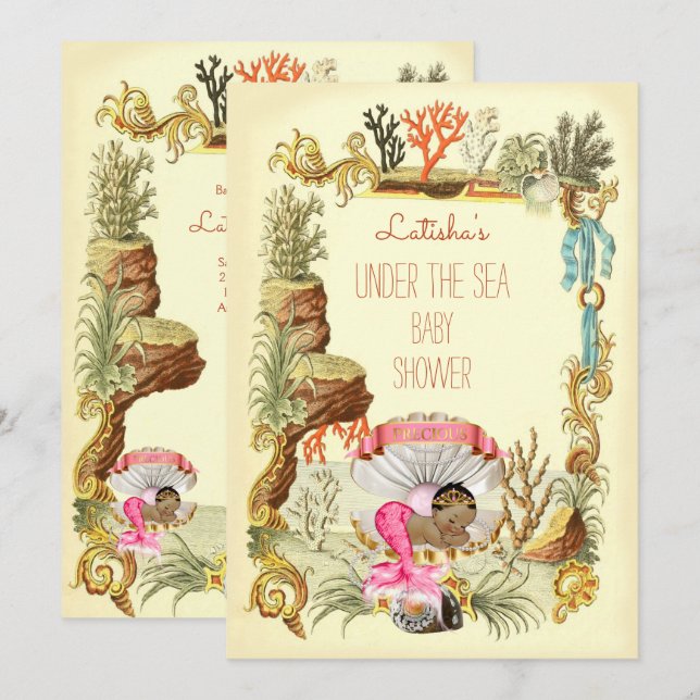 Convite Sob o Mar Étnica Sereia Chá de fraldas Princesa (Frente/Verso)