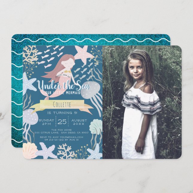 Convite Sob o mar Foto do Marinho de Sereia Aniversário (Frente/Verso)