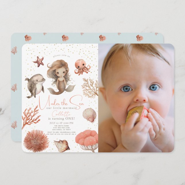 Convite Sob o mar Foto do primeiro aniversario do Mar de S (Frente/Verso)