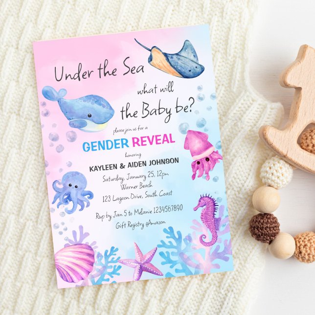 Convite Sob o mar, gênero revela criaturas agudas do mar (Under the sea gender reveal invitation template digital download cute sea critters pink blue boy gir)