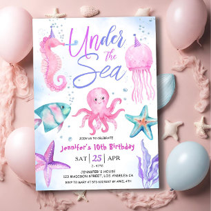 Convite Sob o Mar! Menina de 10 anos de idade Rosa Oceano