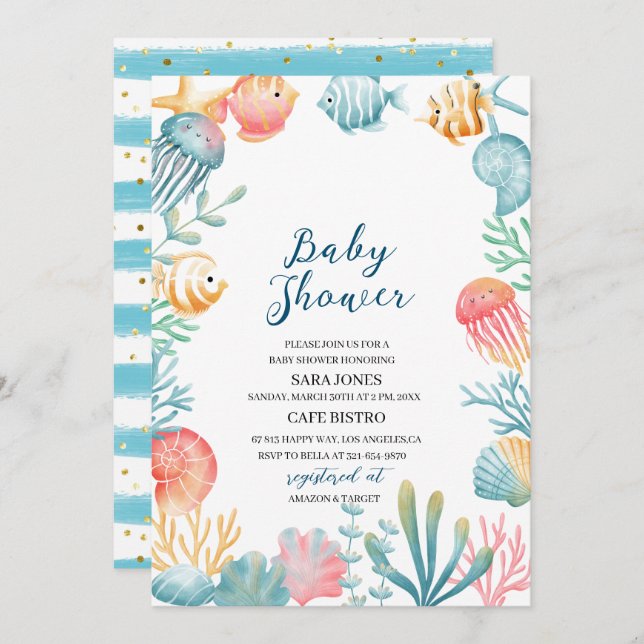 Convite Sob o Mar Oceano Chá de fraldas de Aquarela Invi (Frente/Verso)