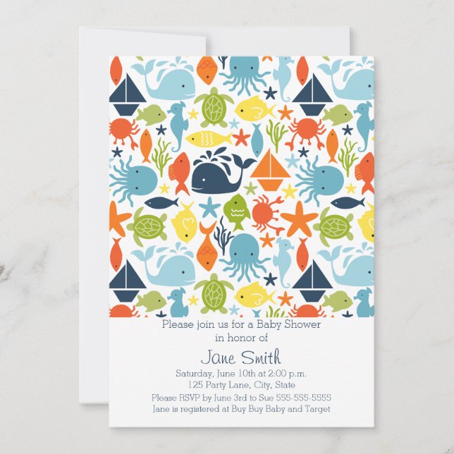 Convite Sob o Mar, Oceano Criaturas Chá de fraldas (Frente)