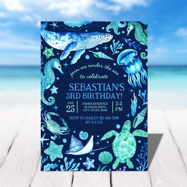 Convite Sob o Mar Oceano Marinho Animal Azul Escuro Aniver (Under The Sea Ocean Sea Animal Dark Blue Birthday Invitation)