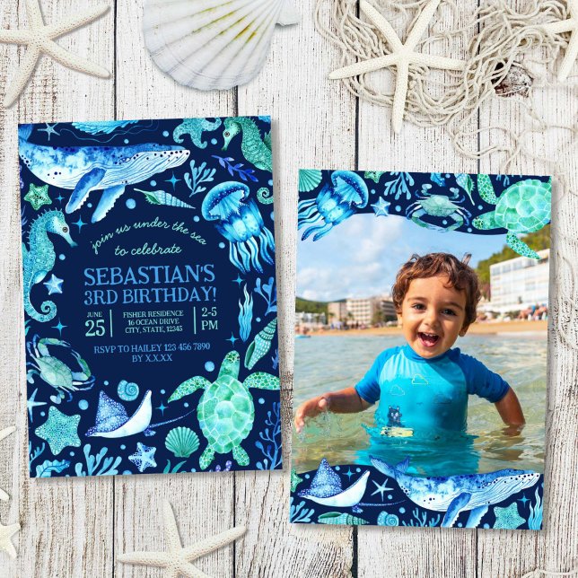 Convite Sob O Mar Oceano Marinho Animal Dark Blue Photo (Under The Sea Ocean Sea Animal Dark Blue Photo Invitation)