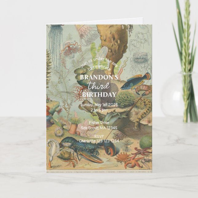 Convite Sob o Mar Oceano Oceano, Retro Animais Aniversário (Frente)
