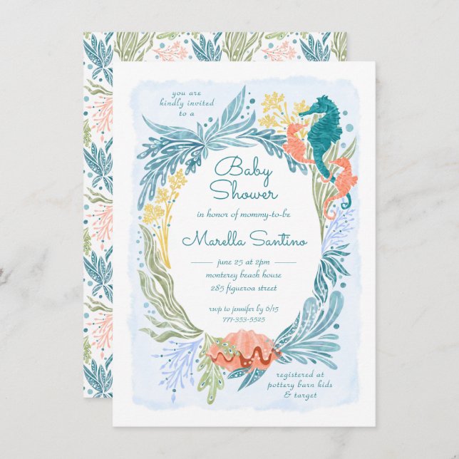 Convite Sob o Mar Ondas do Oceano Marinho Gêmeas do Cavalo (Frente/Verso)