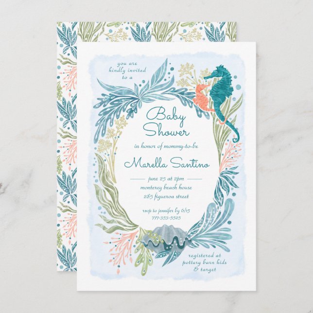 Convite Sob o Mar Ondas do Oceano Ondas Menina do Cavalo-d (Frente/Verso)