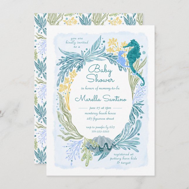 Convite Sob o Mar Ondas do Oceano Ondas O Bebê-Cavalo (Frente/Verso)