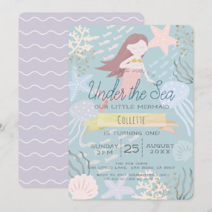 Convite Sob o mar, primeiro aniversario de Mermaid Purple