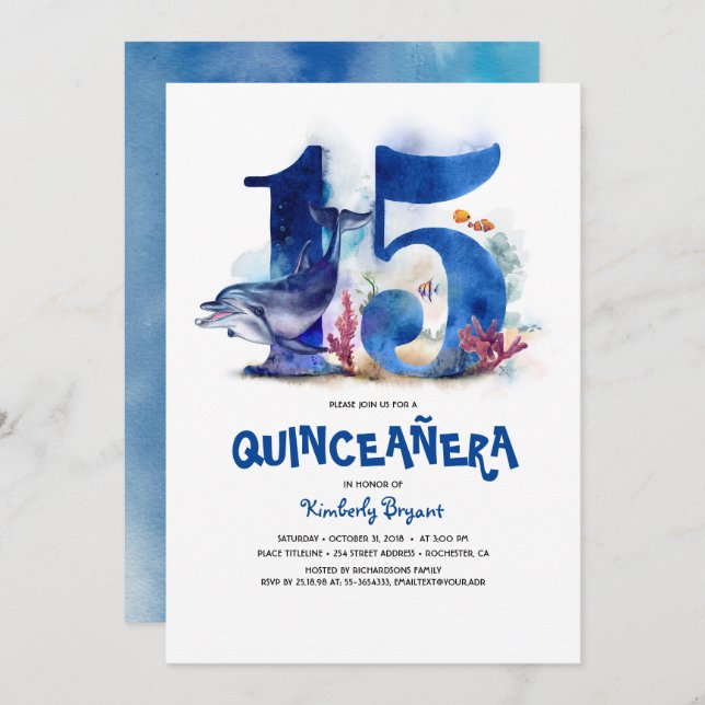 Convite Sob o Mar Quinceañera - Aniversário de 15 (Frente/Verso)