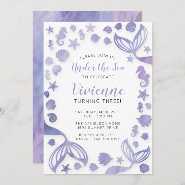Convite Sob o mar Sereia Aniversário (Frente/Verso)