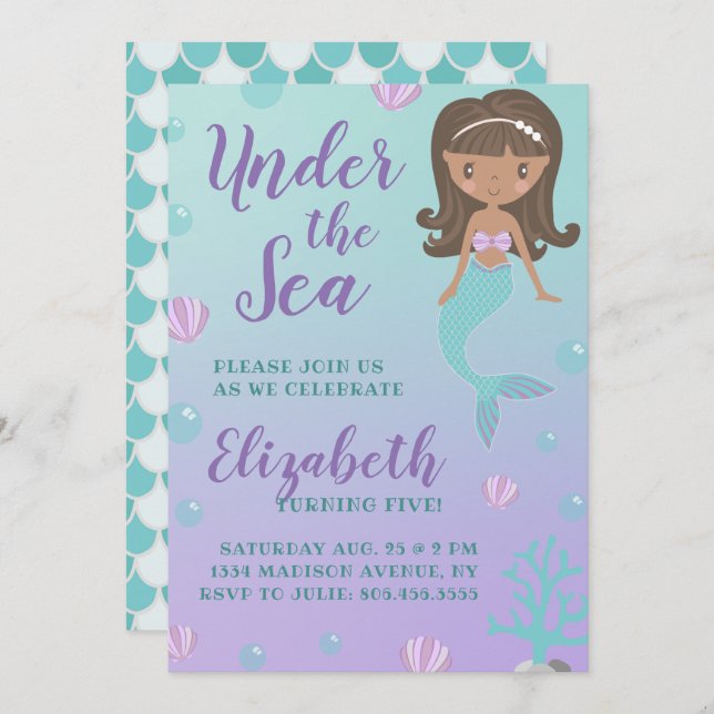 Convite "Sob o Mar" Sereia Aniversário (Frente/Verso)