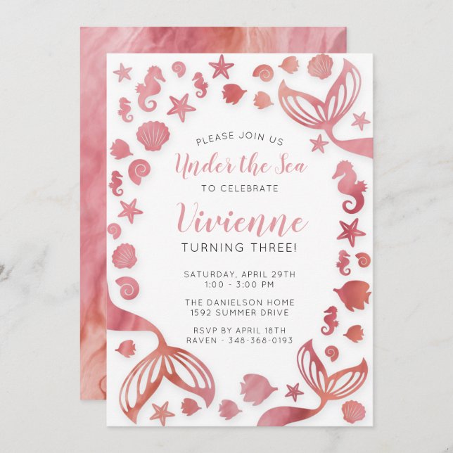 Convite Sob o mar Sereia Aniversário (Frente/Verso)