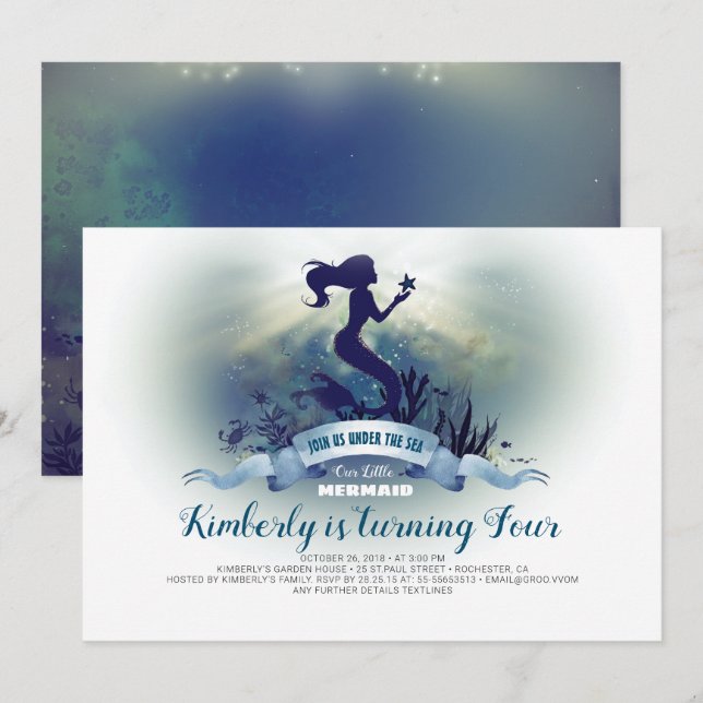Convite Sob o mar - Sereia e Starfish Aniversário (Frente/Verso)
