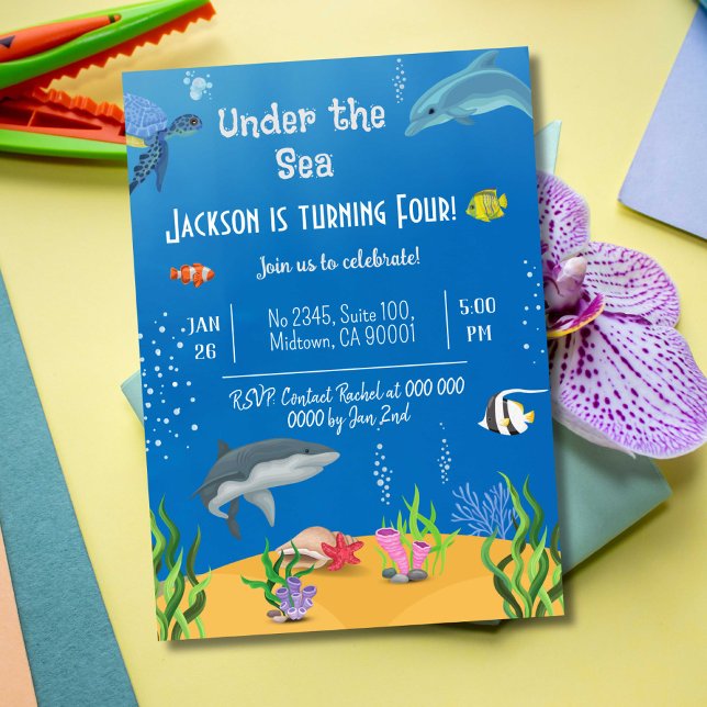 Convite Sob o mar, tubarão-tartaruga, peixes do 4º anivers (Criador carregado)