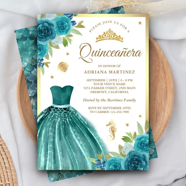 Convite Sob o Mar Vestido Teal Sereia Quinceanera Dourada (Criador carregado)