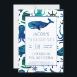 Convite Sob o Mar Watercolor Kids Whale Birthday<br><div class="desc">Sob O Padrão De Baleia Oceânica Por Aquarela Marítima Personalizou Convites De Aniversário. Padrão oceânico náutico. Baleia,  polvo,  barco,  âncoras e rodas de navio em blues num fundo branco. Coordenar com outros suprimentos de partes náuticas. Editar para adicionar detalhes da parte. www.SamAnnDesigns.com</div>