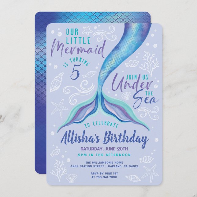 Convite Sob O Oceano Azul Iridescente Água Sereia (Frente/Verso)