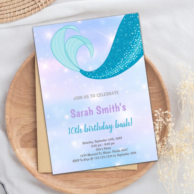Convite Sob o partido Sea Party for Adolescente Girls (10th Mermaid birthday invitations)