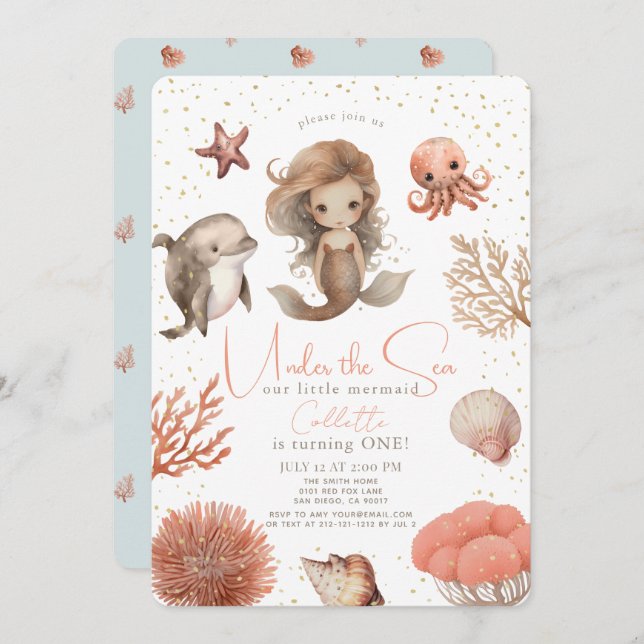 Convite Sob o primeiro aniversario de Sereia do Mar (Frente/Verso)