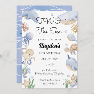 Convite Sob o segundo aniversário de animais marinhos