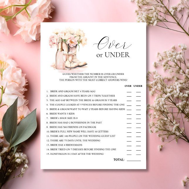 Convite SOB OU SOBRE A INICIALIZAÇÃO JOGO DE Chá de panela (OVER or UNDER Boots Bubbly Bridal Shower GAME Invitation)