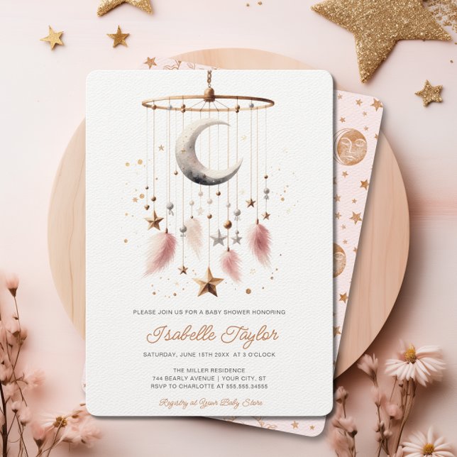 Convite Sobre a Lua Celestial Chá de fraldas de Garota Ros (Over the Moon Celestial Pink Girl Baby Shower Chic Invitation)